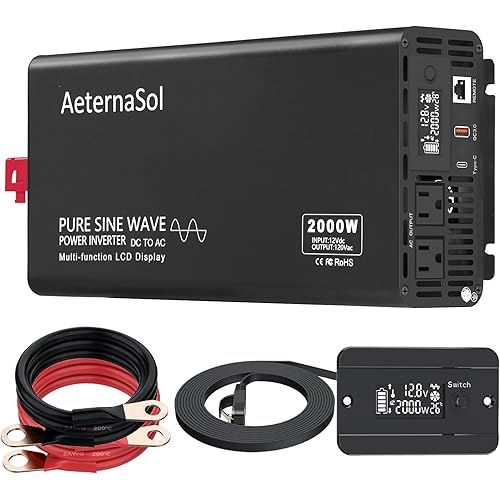 Pure Sine Wave Inverter 2000 watt Inverter DC 12V to AC 110-120V, Power Inverter for RV Truck Home Backup Solar with 2 AC Output, USB&Type-C, LCD Remote Monitor, Surge 4000W