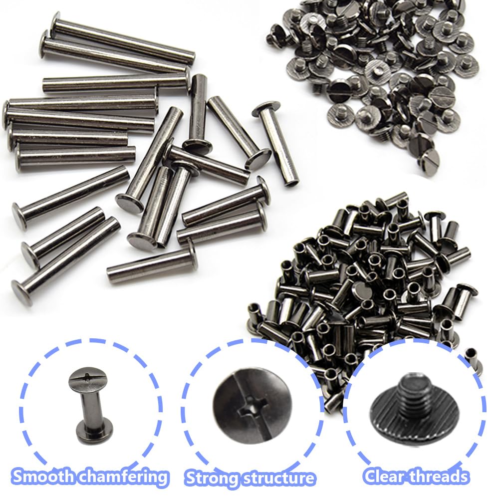 Hocansen 50 Set Chicago Screws – M5x15 Round Flat Head Rivets For Leather Craft, Bookbinding, Belts & Bags – Metal Binding Posts