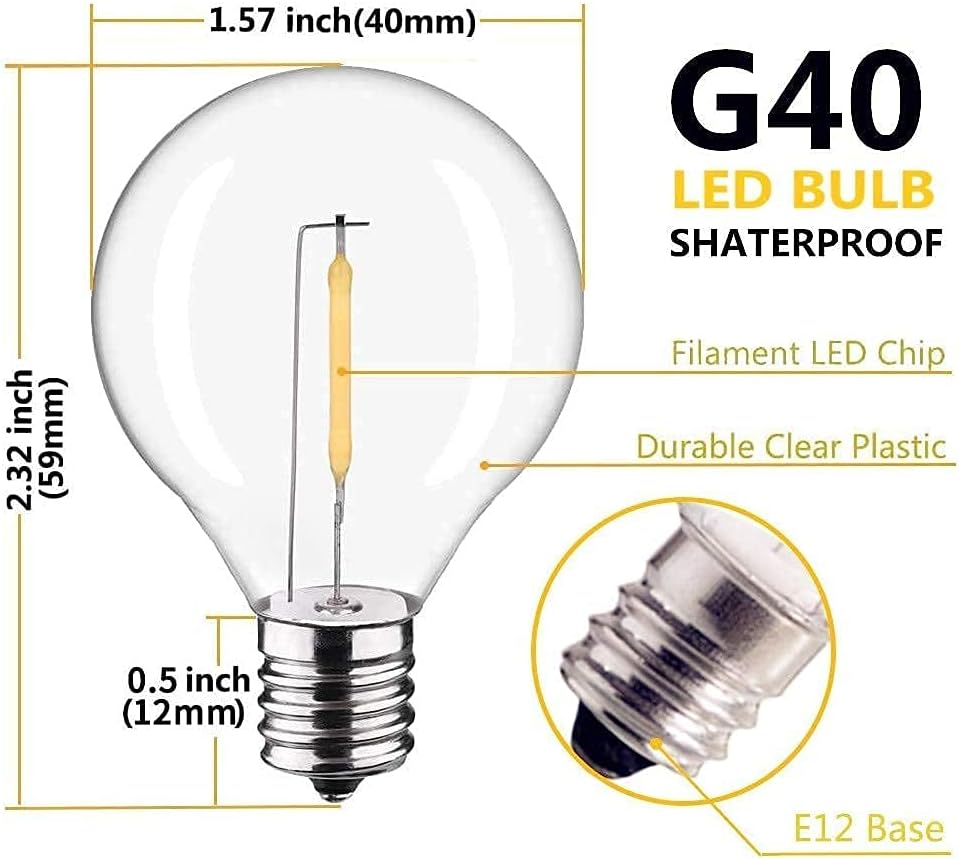 SUNSGNE 25 Pk G40 LED Shatterproof Replacement Bulbs & 25ft G40 LED Globe String Lights, 0.6 Watts Bulb Lights- Fits E12 and C7 Sockets