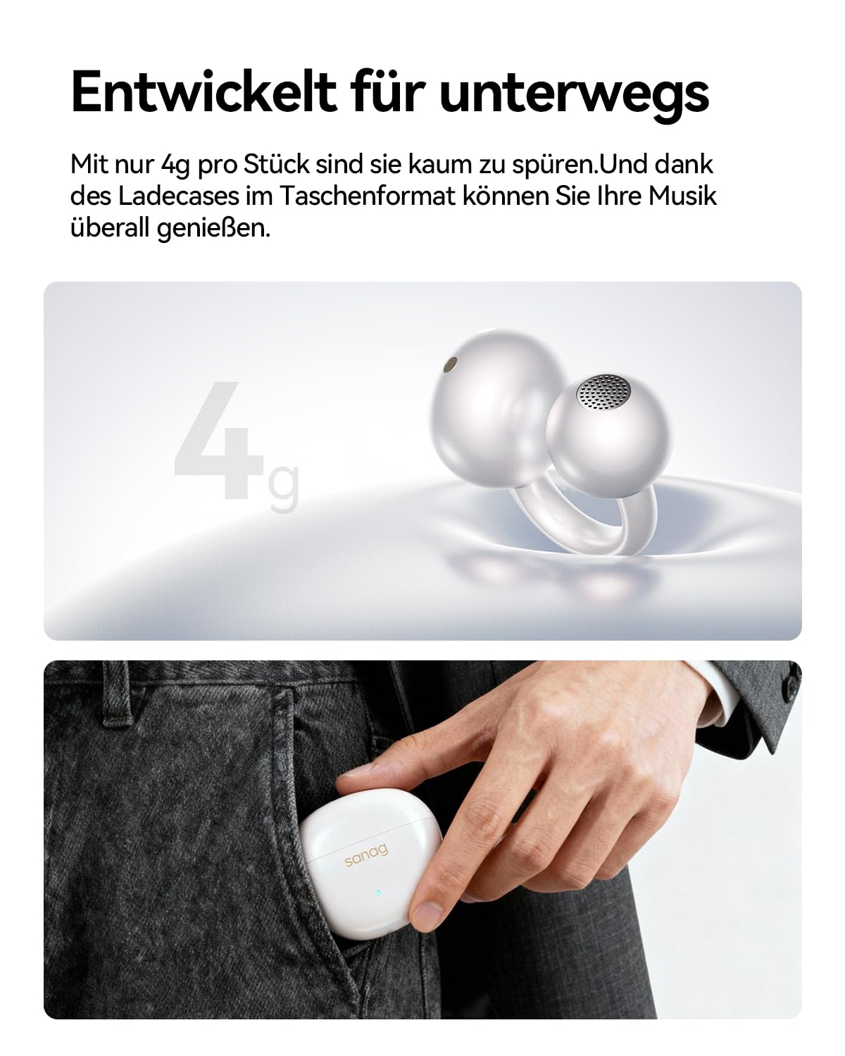 SANAG S7SUltra Open Ear Kopfhörer, Clip On Earbuds Kabellos Dyna HiFi, Bluetooth 6.0, 40H Spielzeit, IP67 Wasserdicht, 4g, ENC Geräuschunterdrückung für Anrufe, Sicherer Halt für Laufen, Radfahren