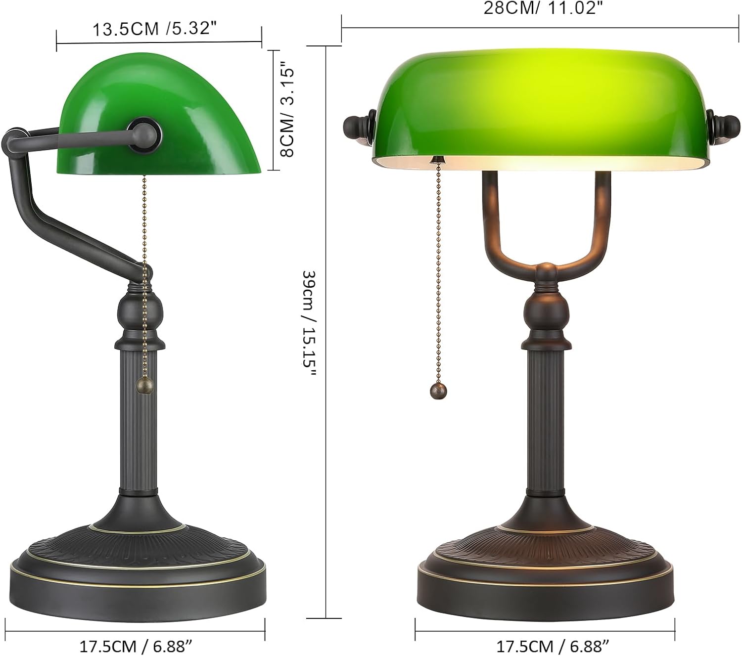 Antique Green Glass Bankers Desk Lamp & White Matted Glass Bankers Desk Lamp