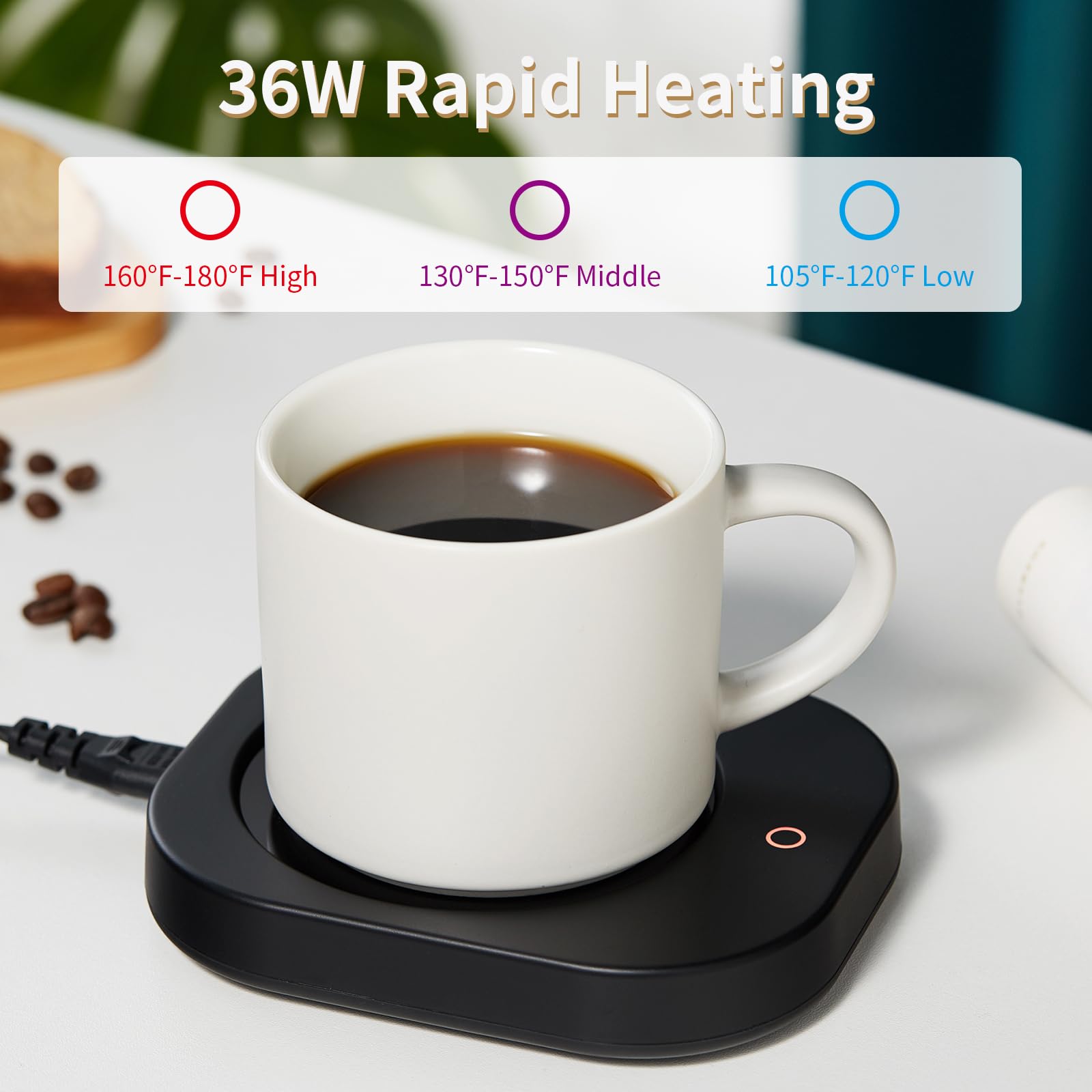 DOPUDO Calentador de tazas con apagado automático de 4 horas, 3 ajustes de temperatura, calentador eléctrico rectangular negro esmerilado, panel de vidrio de borosilicato, cable de 54 pulgadas