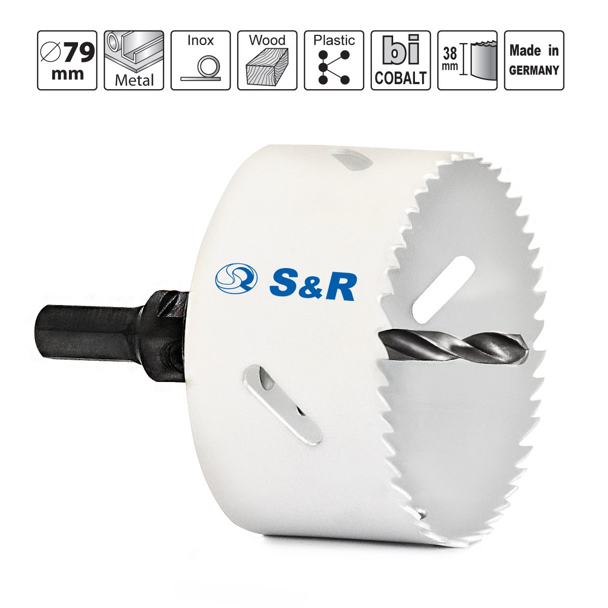 S&R otwornica, HSS bimetal z uchwytem do otwornic HEX – Quick i wiertło centrujące, uniwersalne do drewna, metalu, tworzywa sztucznego, płyt gipsowo-kartonowych (79 mm)