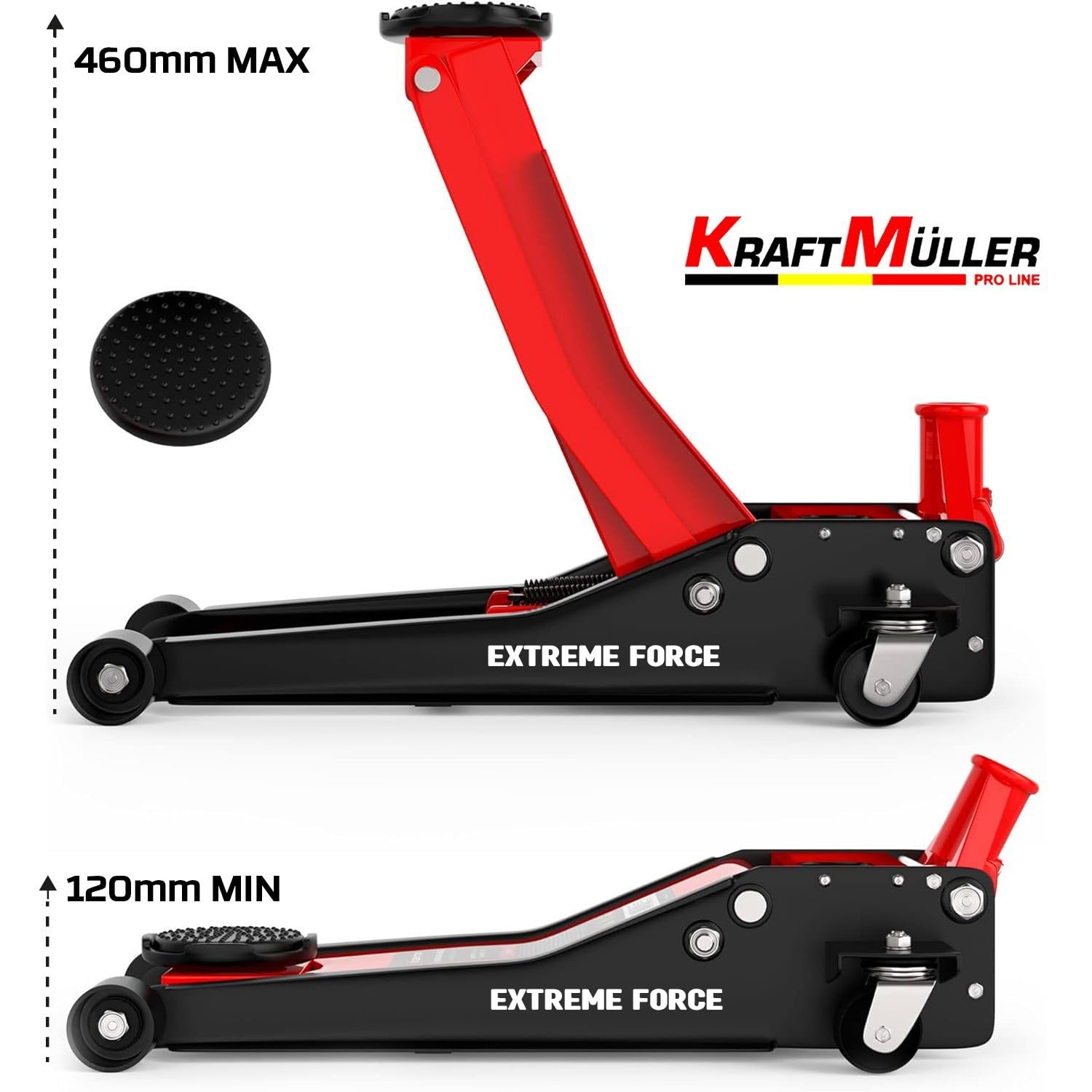 Cric hydraulique Kraft Müller professionnel 3 Tonnes, Haut. de levage 46cm, Levée rapide Système à double-pompe, Rouge
