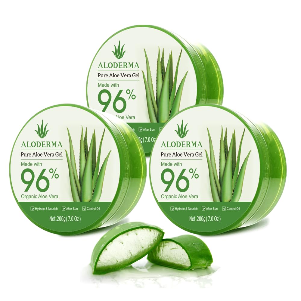 ALODERMA Organic Pure Aloe Vera Gel, 3-Pack, Made with 96% USDA Organic Certified Aloe Vera within 12 Hours of Harvest (200g, 7.0 oz), Suitable for All Skin Types – No Sticky Residue – Eco-Friendly