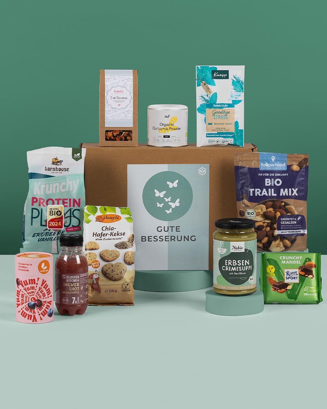 GUTE BESSERUNG BOX | Gute Besserung Geschenk Paket mit Snacks & vielen Aufmerksamkeiten zur Genesung | Care Paket, Geschenkkorb Vegan
