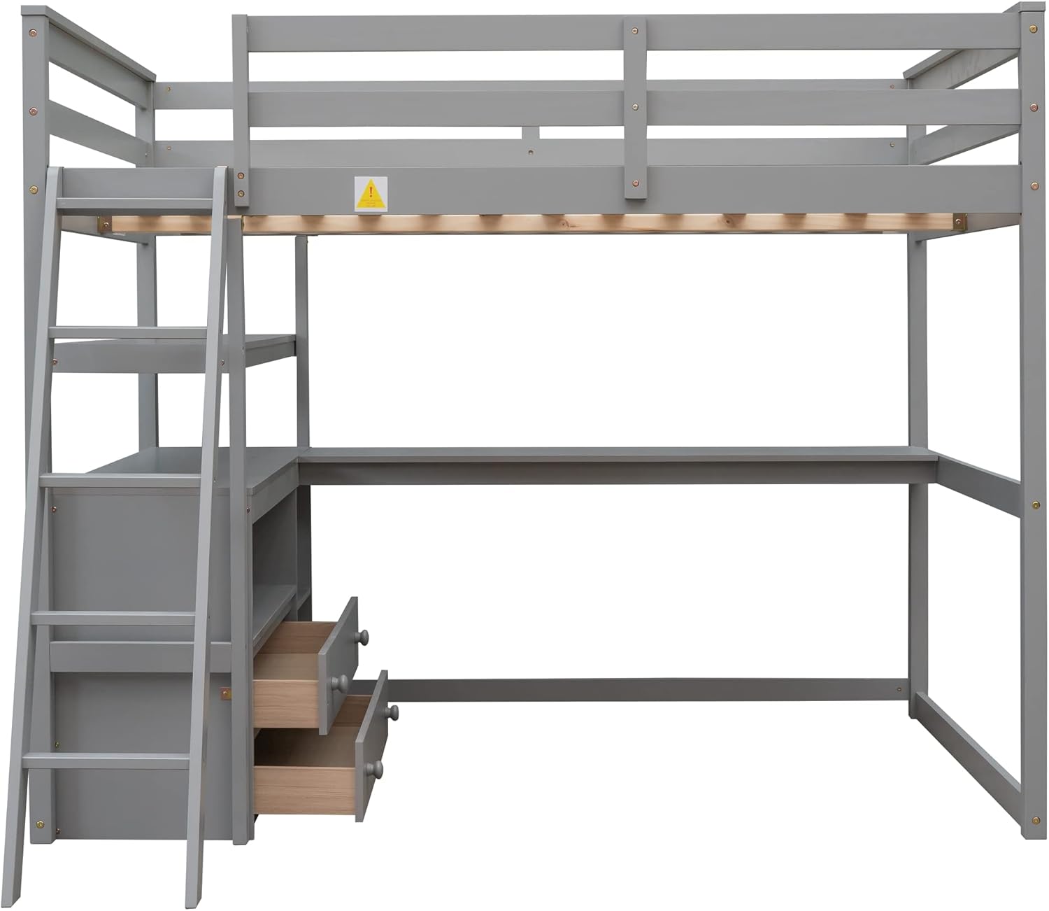 P PURLOVE Full Loft Bed with Desk Under Bed for Kids Teens, High Wood Loft Bed Frame with Storage Drawer and Shelves,Full Bed Frame with Wood Slat, No Box Spring Needed,Gray