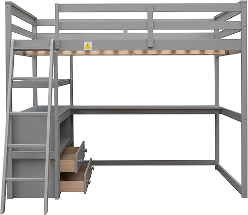 Miniatura 61 de Cama alta funcional tamaño individual con 2 cajones y 2 armarios, base de cama de madera maciza con barandilla de seguridad y escalera de