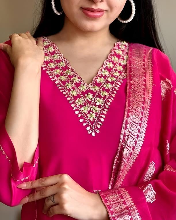Image of Women's Chanderi Silk Kurti with Rayon Slub Pants & Dupatta | Printed Three-Quarter Sleeve Ethnic Set