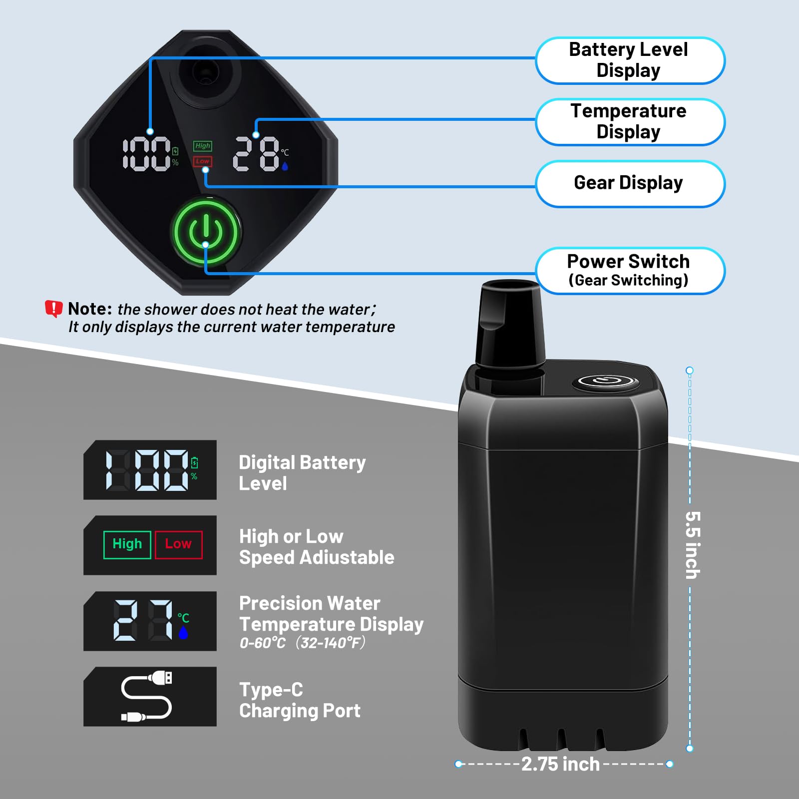 Doccia da campeggio portatile con riscaldatore da 2000 W, 6000 mAh, ricaricabile da campeggio, con alimentazione digitale, 3 modalità di spruzzo, pompa da campeggio impermeabile IPX7 per