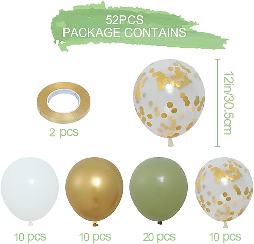 Miniatura 2 de Globos de confeti dorado verde salvia, 52 piezas de guirnalda de globos verde salvia verde oliva para cumpleaños, baby shower, boda, despedida de