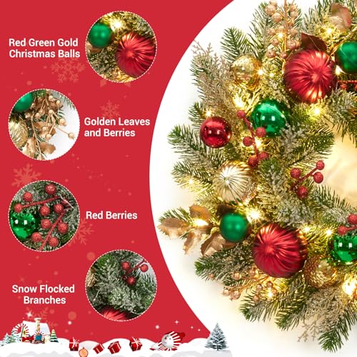 GarveeHome 16 Inch Prelit Christmas Wreath for Front Door, Artificial Xmas Wreath with Red Green Gold Ball Ornaments 30 Led Lights Battery Operated for Indoor Outside Fireplace Window Decor
