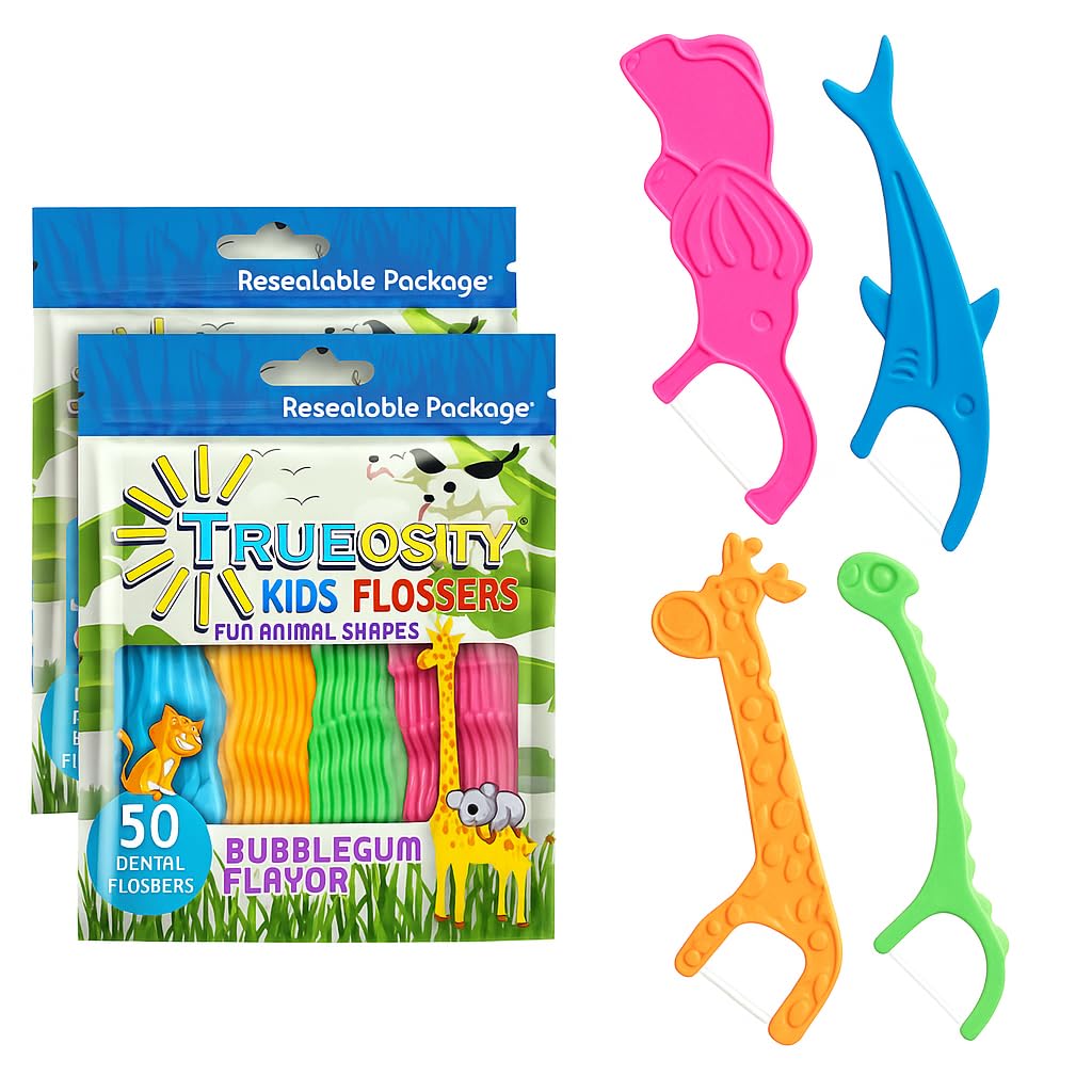 Kids Flossers 2 Pack (100 Total), Kids Floss Picks, Flossers Children, Floss Children, Animal Shapes, Glides Easy Between Teeth, Flosser Helps Prevent Tooth Decay & Gum Disease, Bubble Gum Flavored