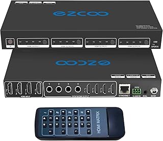 HDMI Matrix 4X4 4K 60Hz 4:4:4 HDR Coaxial Audio Breakout - HDCP 2.2 HDMI 2.0 Matrix 4x4 18Gbps with IR Receiver Remote, IP control, RS232, Scaler 4K to 1080P EDID Manage MX44-HAS2