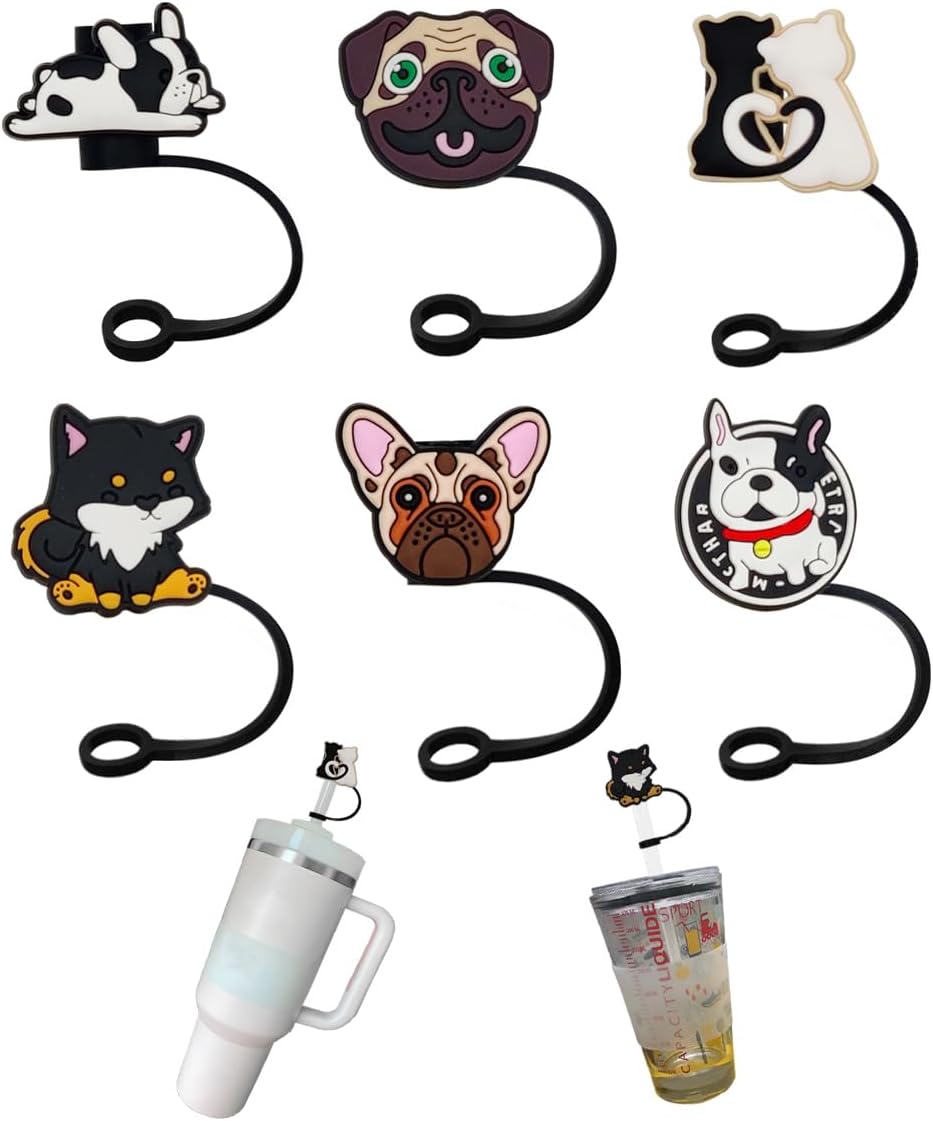 6 Pieces Cute Drinking Straw Caps Cover for 6-8 mm Reusable Drinking Stanley Cup Straw Tips Lids Dust-Proof Straw Plugs(Kitten, Puppy)