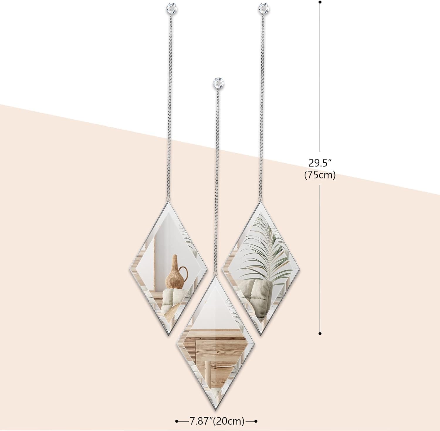 PHOSPHOR Small Silver Wall Decor Mirrors 6 PCS, Diamond Wall Mirror with Hanging Chain, Wall Mirrors for Living Room