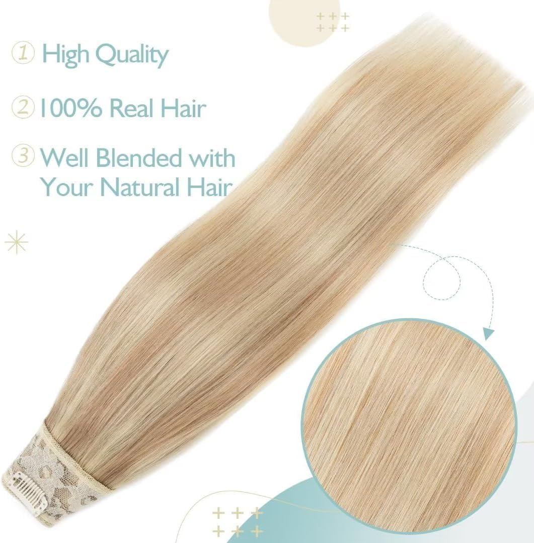 TESS Clip In Hair Extension Blonde,Hair Extensions Real Human Hair One Peice U-Shaped Balayage Straight Hairpieces for Women/Ladies/Girls(#18/613 Ash Blonde & Bleach Blonde,12Inch) - Image 4