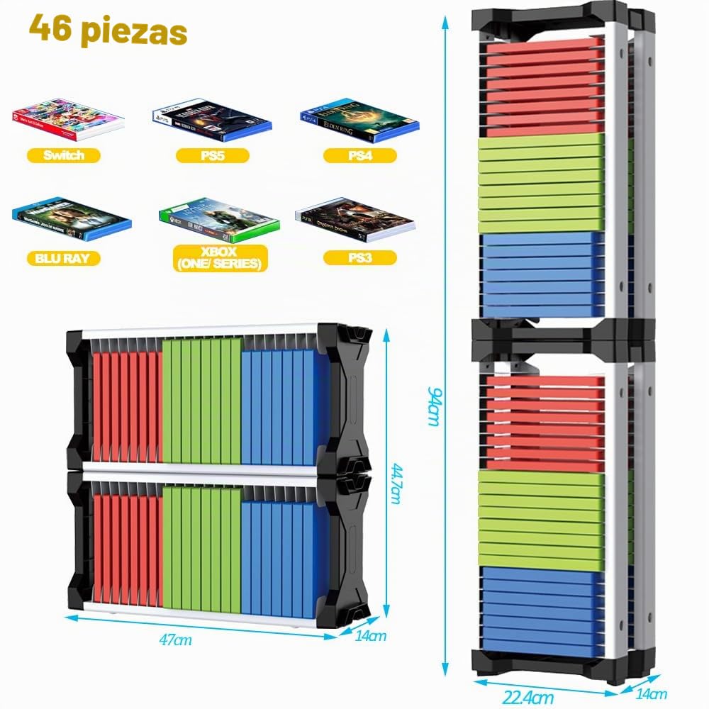 Torre de Almacenamiento de Juegos para PS5/ Xbox Series S & X/Switch, juegos Switch y Discos Blu-ray con Capacidad para 46 Discos de Juegos, Incluidos 2 Soportes para Auriculares