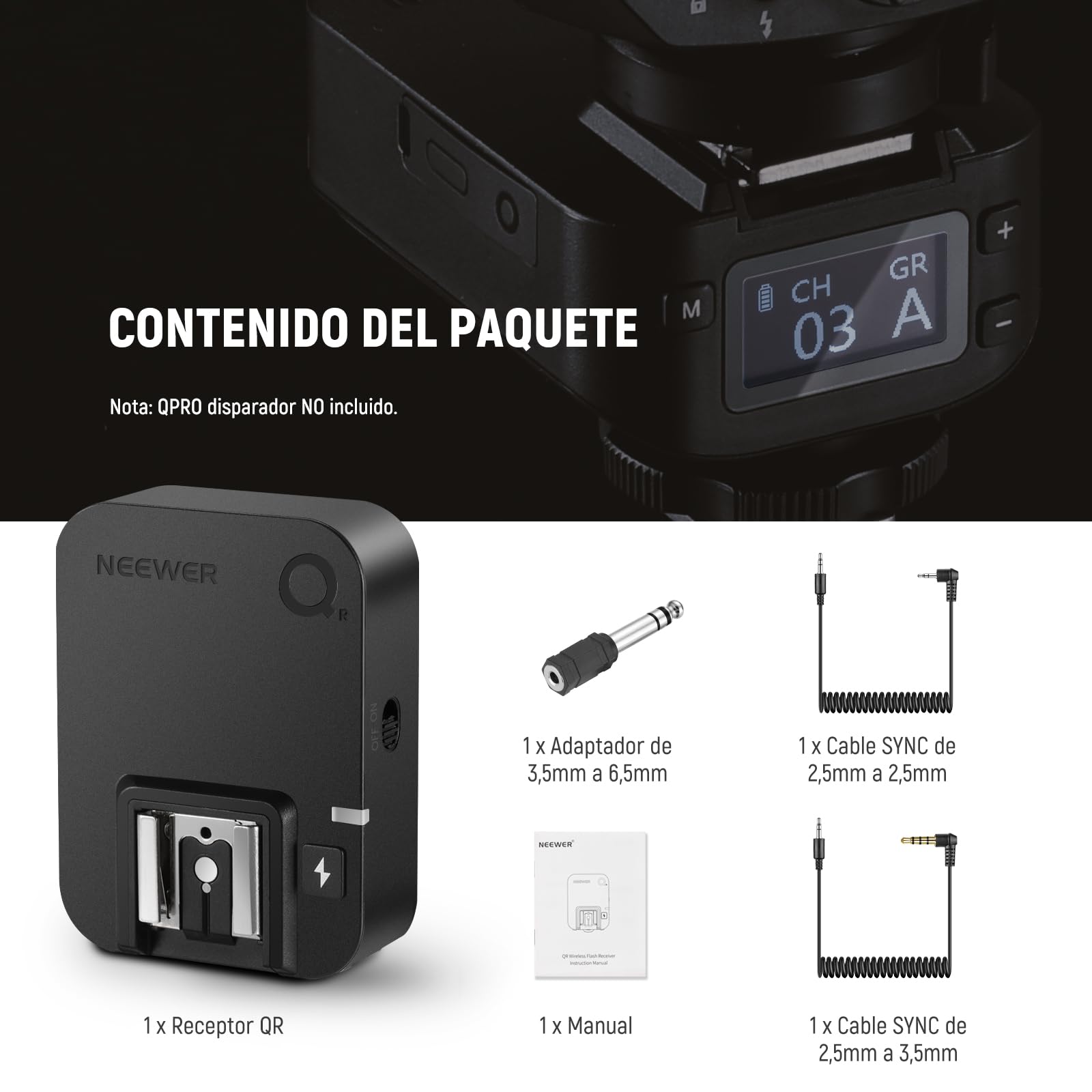NEEWER QR 2,4G Receptor de Flash Inalámbrico para NEEWER QPRO-C, QPRO-N, QPRO-S Triggers, Contacto Único con Puerto de Sincronización de 2,5mm, Compatible con Godox Yongnuo NEEWER Vision4 ML300W S101