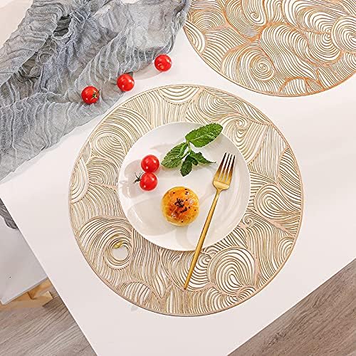 Hosoncovy 4 Pack Lucky Cloud Decorative Placemats PVC Placemats Hollow Waves Table Place Mats Heat Resistant Non-slip Dining Placemats Leaf Placemat Round Placemats for Home Kitchen (Gold)