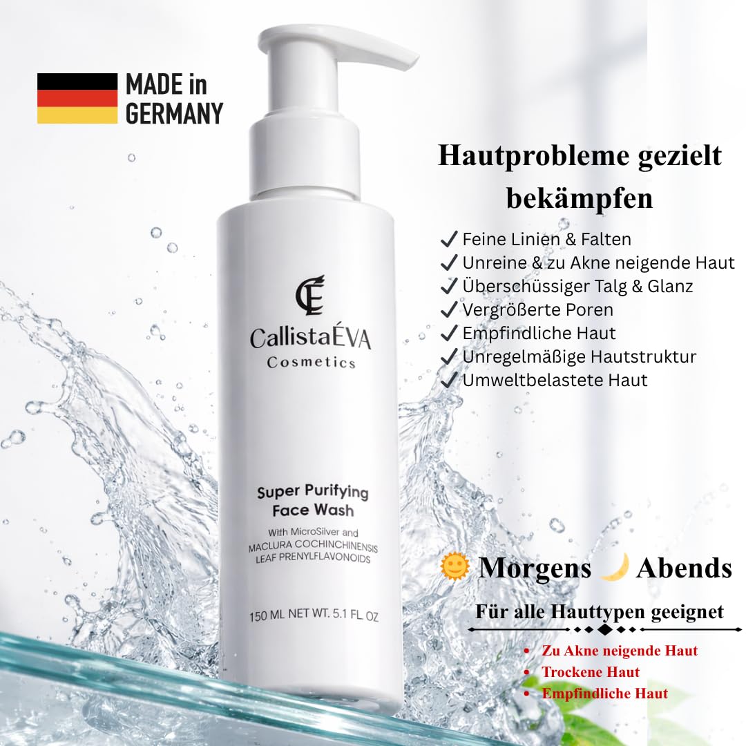 Sanftes Gesichtswaschgel mit MicroSilver & Maclura-Blattextrakt,Akne Blemish, Reinigt porentief, Akne,Unreinheiten, Kontrolliert Öl, Milchsäure AHA,für fettige, empfindliche & unreine Haut 150ml