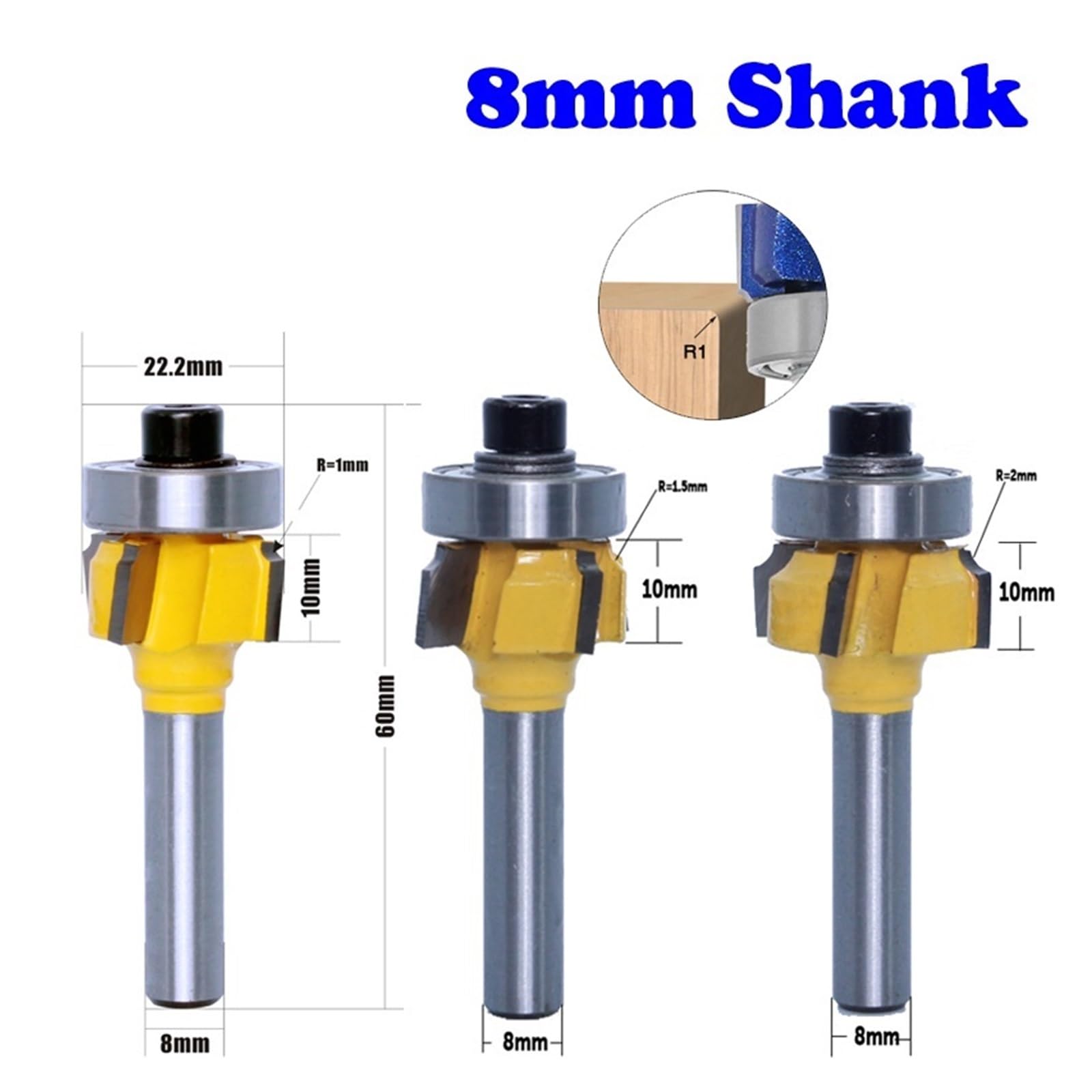 1PC 8mm Gambo Lavorazione del Legno Fresa R1mm R1.5mm R2mm Taglio Bordo Trimmer 4 Denti Router di Bit(8mm3pc)