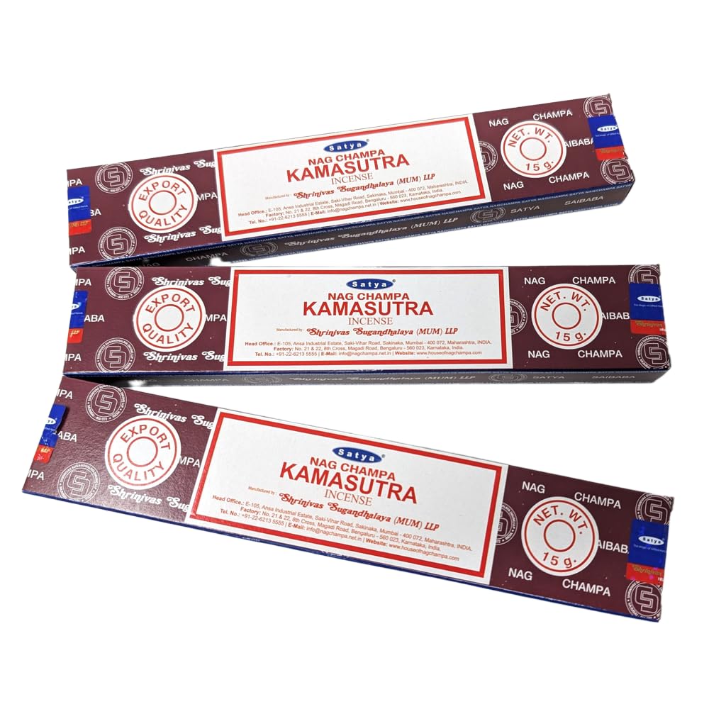 Satya Kamasutra Nag Champa Incense Sticks – 3 Packs x 15g – With JRose Wooden Holder – Romantic Floral & Spice Aroma – Relaxation & Mood Uplifting – Hand-Rolled