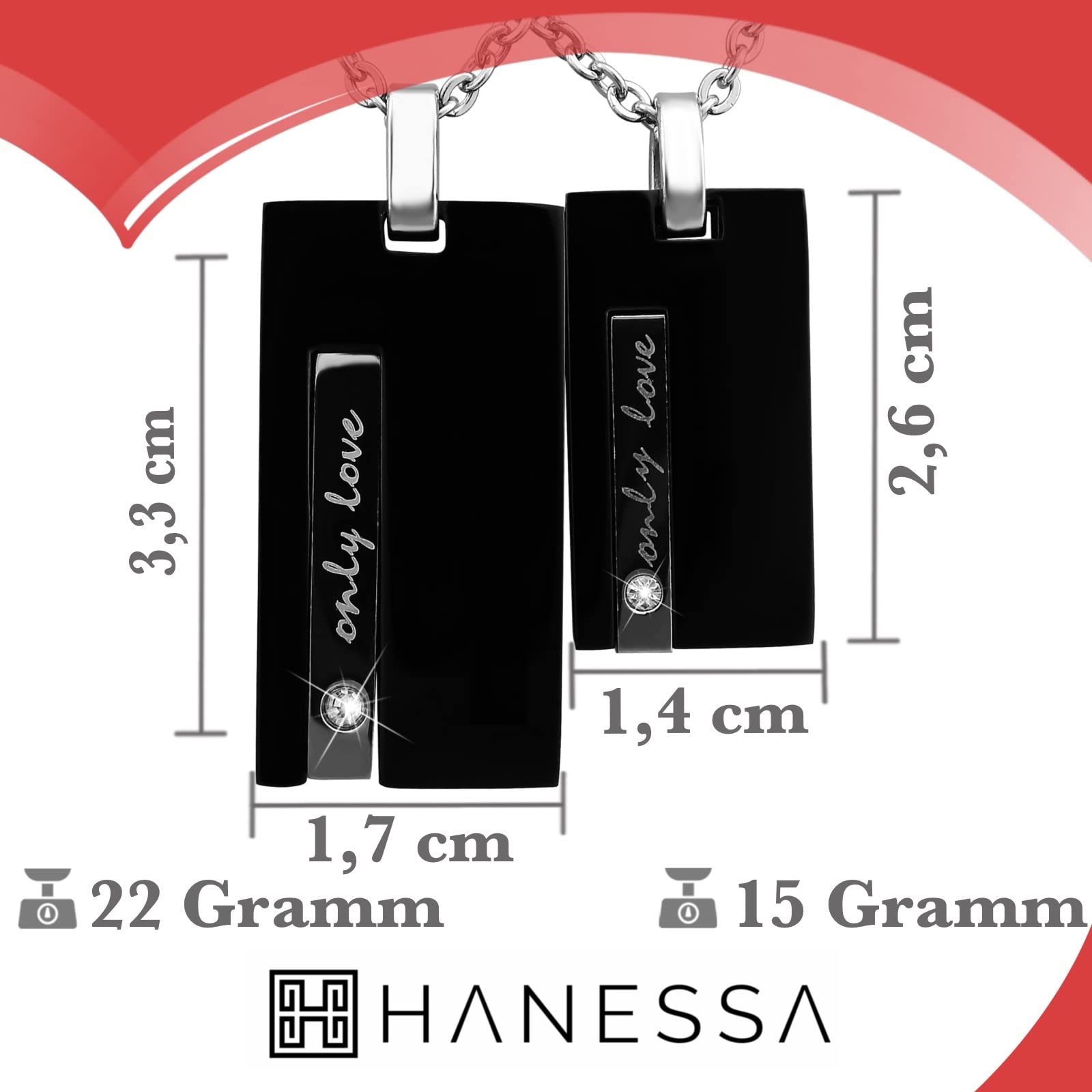 Personalisierte Kette mit Gravur Edelstahl 50 cm mit Anhänger Rechteck Only Love in silber schwarz - Personalisierte Halskette für Frauen Männer - Personalisierter Schmuck Damen Herren