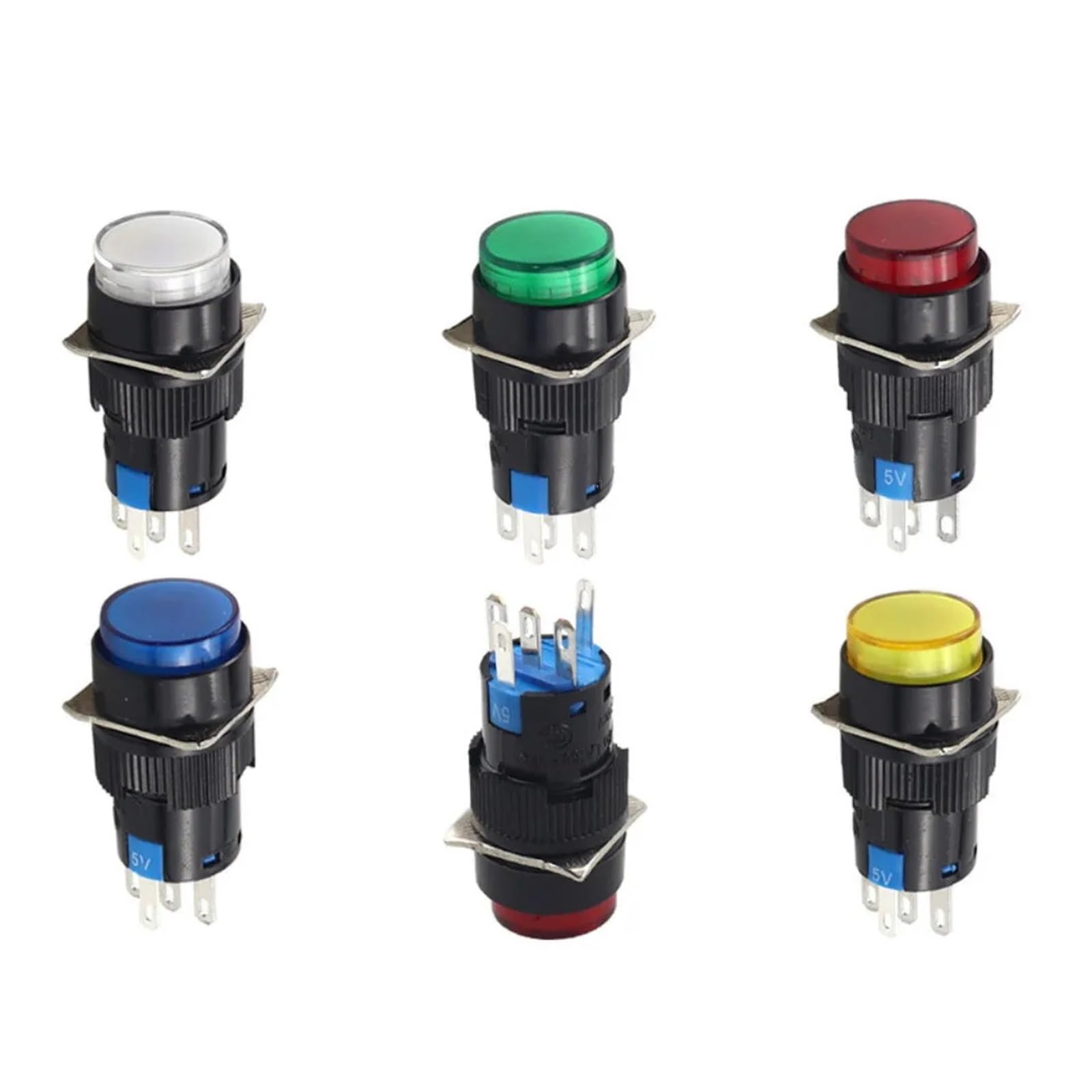 1PC 16MM Round Momentary & Self-Locking Push Light Button Power Switch Silver 1NO1NC 6V 12V 24V 220V Reset 5Pins Power(Blue,MOMENTARY_12V)