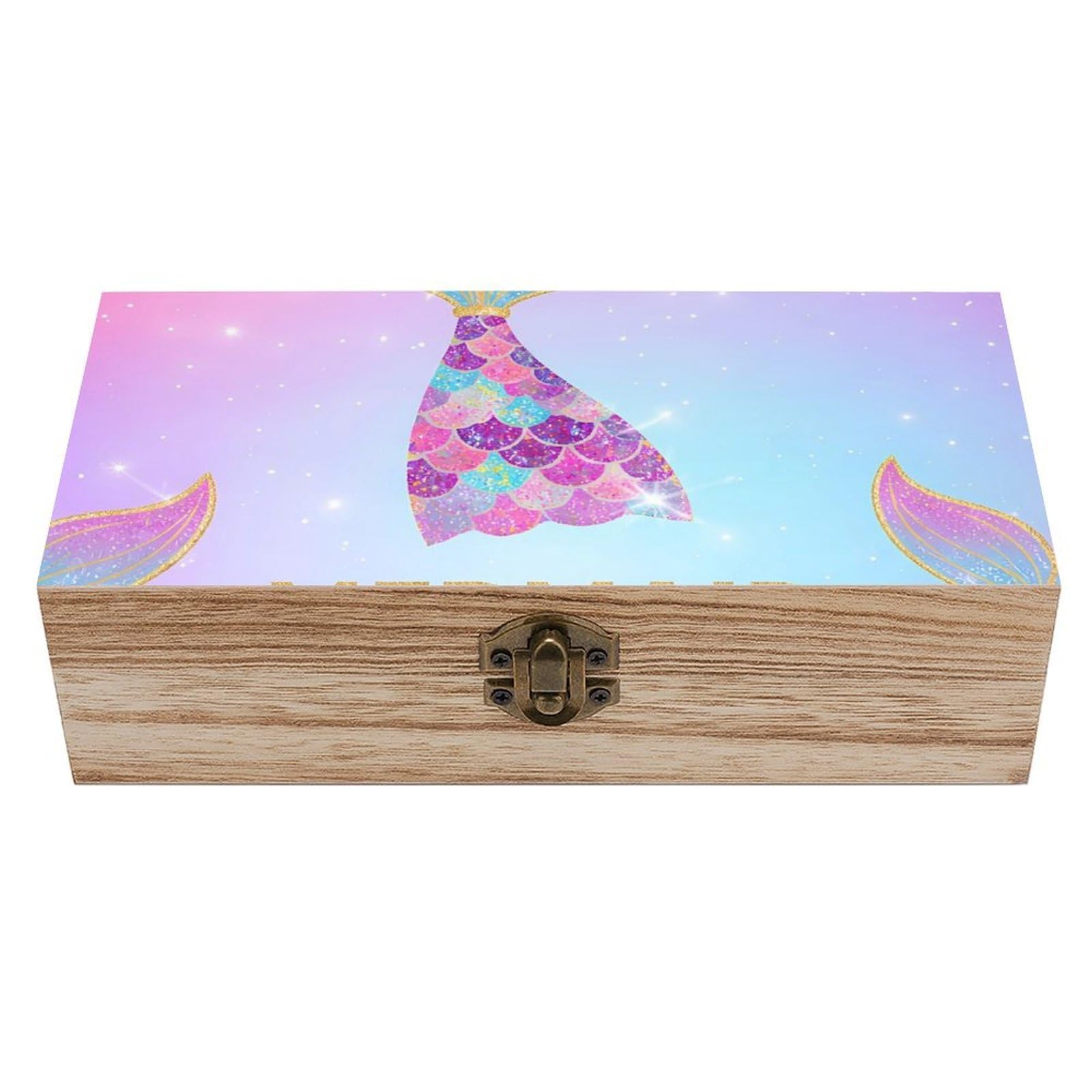 HLBSDM Pink Glitter Mermaid Scales Wooden Storage Box