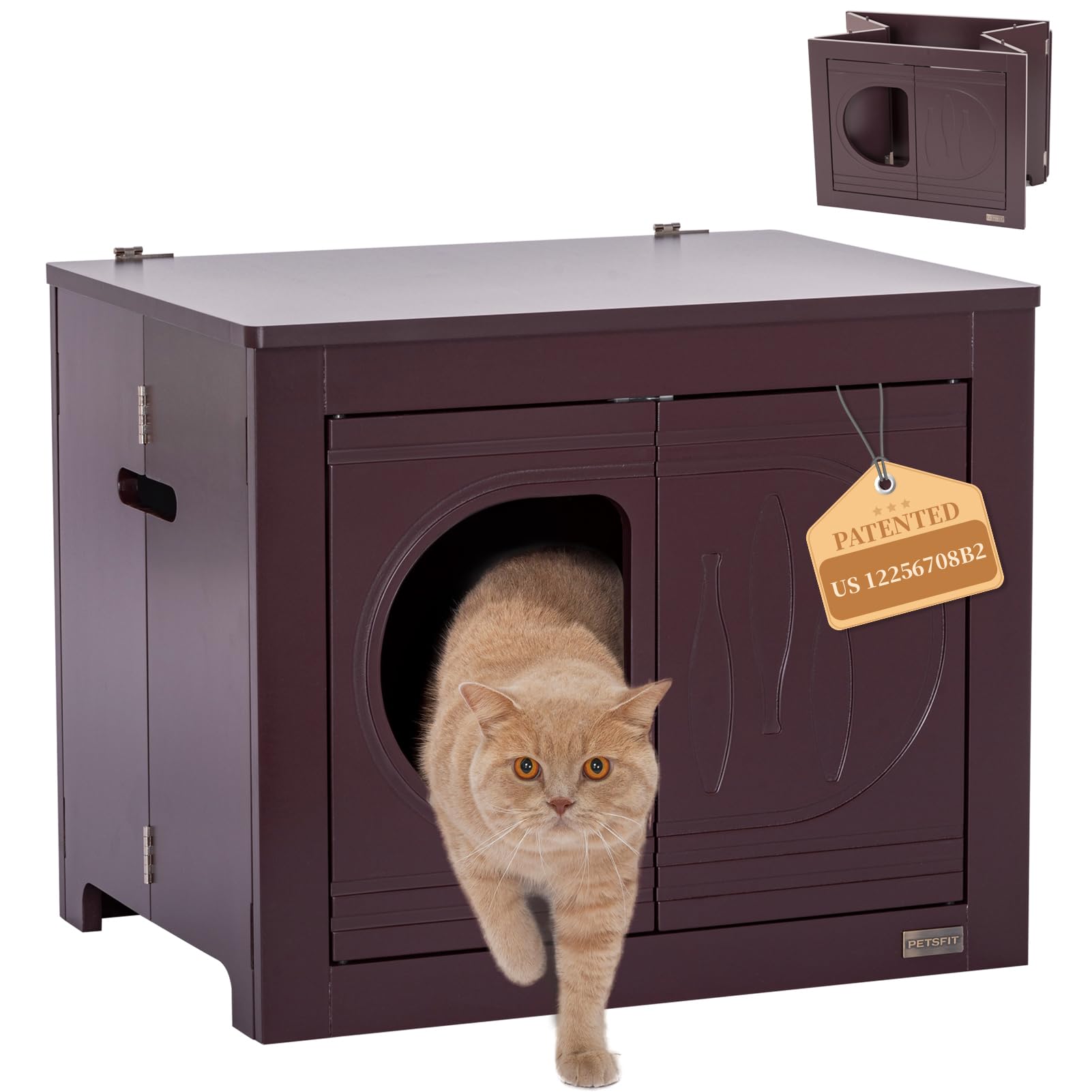 PETSFIT Cat Litter Box Enclosure, Unfold to Use, No Assembly Needed, Cat House &amp; End Table, Fits Most Boxes (Espresso)