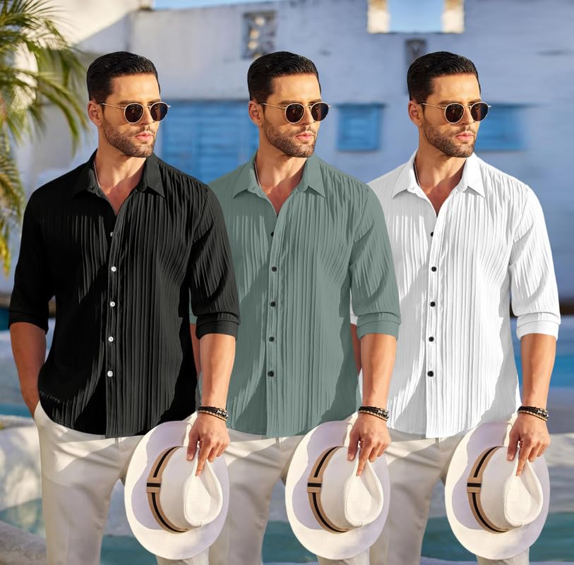 Image of FINIVO FASHION Combo of Men's Casual Cotton Plain Button Down Shirt Long Sleeve Textured Summer Beach Shirt for Men Pack of 3