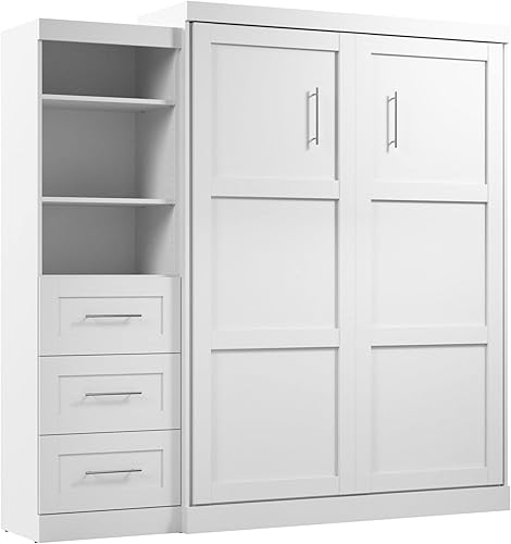 Bestar Pur Queen Murphy Bed and Shelving Unit with Drawers, 90-inch Space-Saving Wall Bed