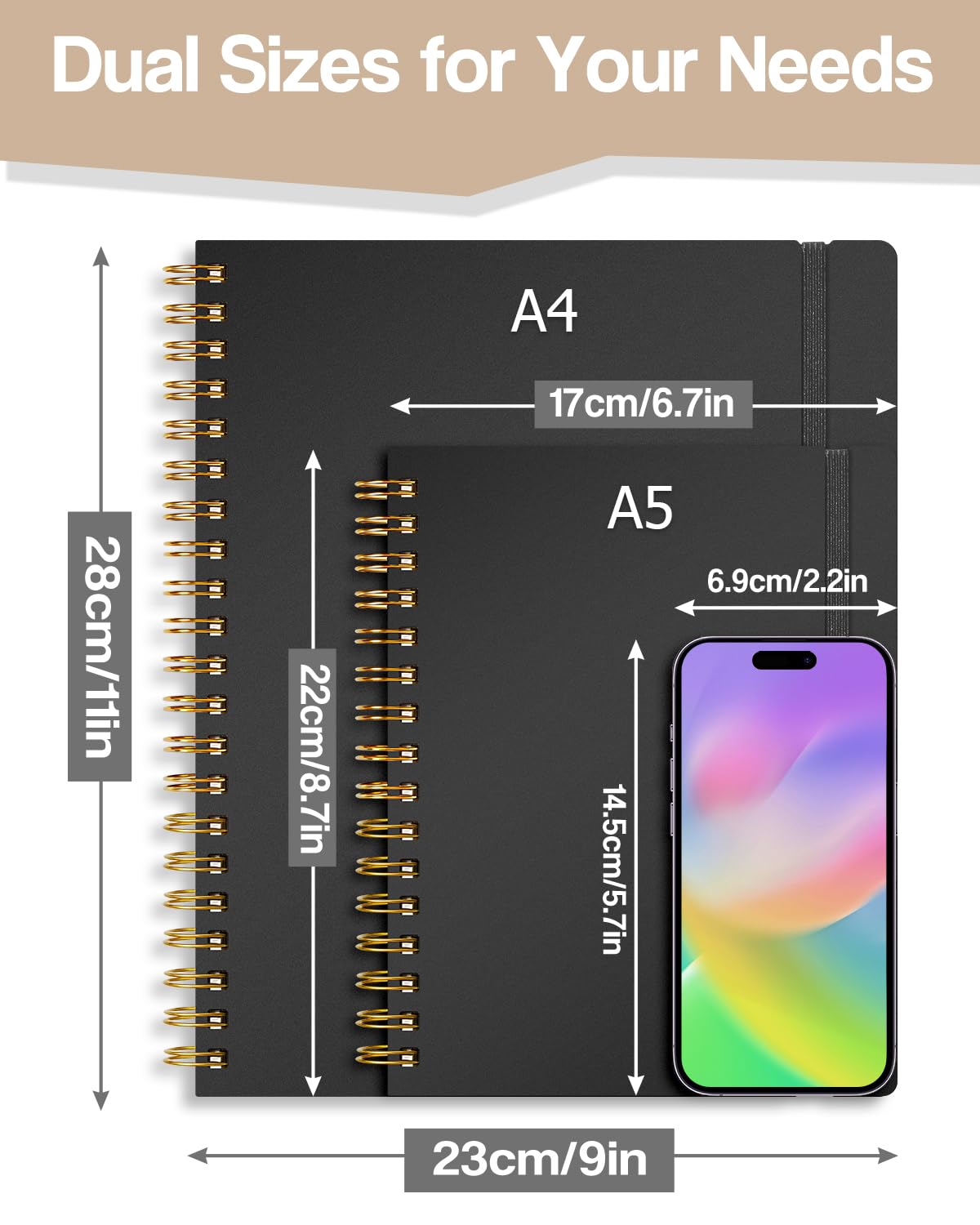 Cuaderno A4 con Separadores- Papel 100GSM Anti-Sangrado, 300 Páginas, Tapa Dura de PVC, Libreta de Proyectos Espiral para Escuela, Oficina y Regalos