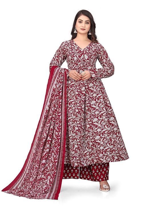 Women Floral Printed Kurta Set with Dupatta & Palazzo | V-Neck Long Kurta with Matching Bottom | Ethnic Wear Suit for Women-picture-23