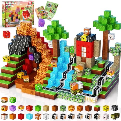 Goody King Dinosaur Volcano Magnetic Block World |100PCS Dinosaur Magnetic Block Cubes,STEM Montessori Sensory Toys for Toddlers Kids Boys Girls Ages 3-5 6-8 Christmas Birthday Gifts