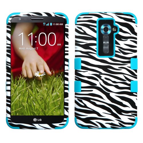 Thousand Eight(TM) For LG G2 Heavy Duty Defender Tuff Hybrid Hard Case With stand Case / Hard Plastic Dual Layer Tuff Shield Heavy Duty Protective Case + [FREE Touch Screen Stylus] (Tuff case Zebra Skin/Tropical Teal)