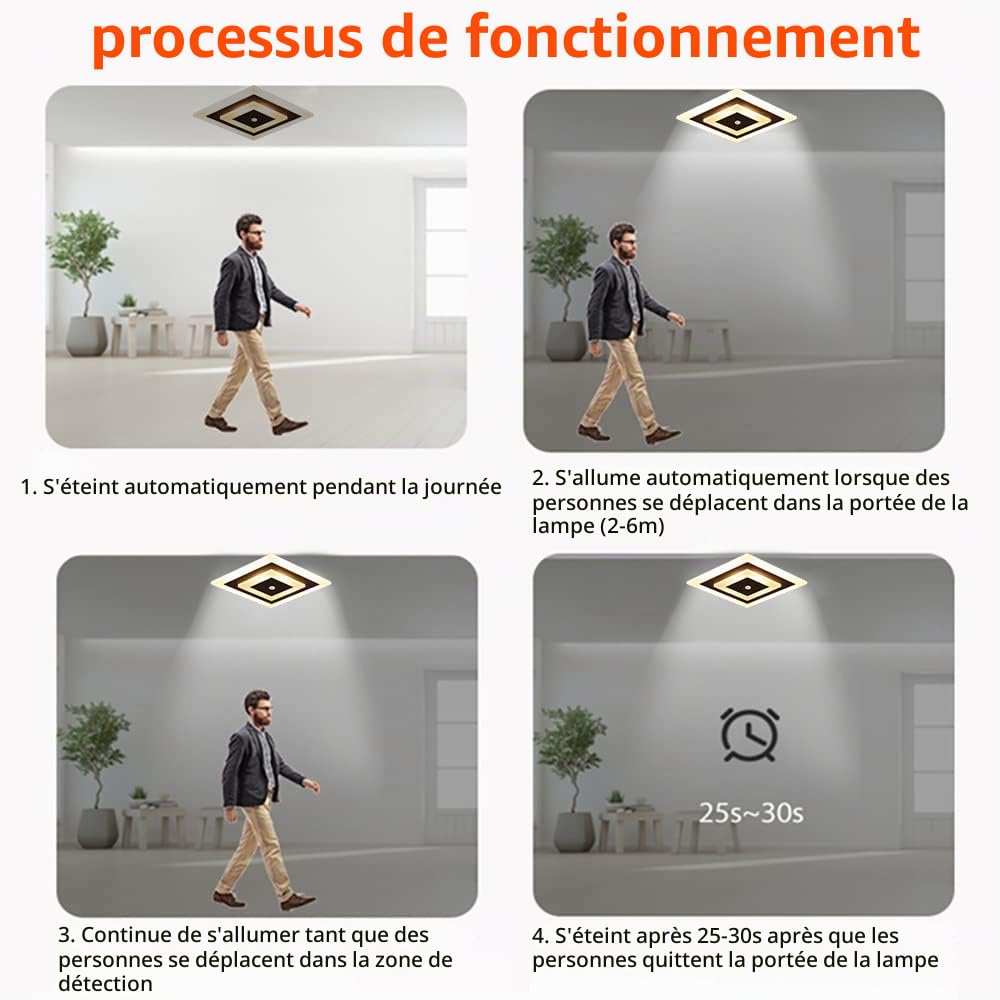 KZT LED Plafonnier avec Détecteur de Mouvement 16W Métal Acrylique Lampe de Plafond 3000K Lumière Chaude Moderne Carré Intérieur Lampe à Détecteur pour Salon Chambre Studio Hôtels Couloirs Balcon