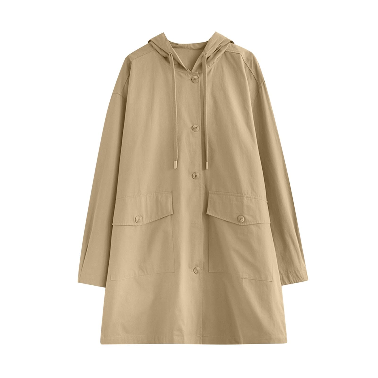 Womens Waterproof Trench Coat Midi Double Breasted Windproof Classic Belted Lapel Overcoat with Hood