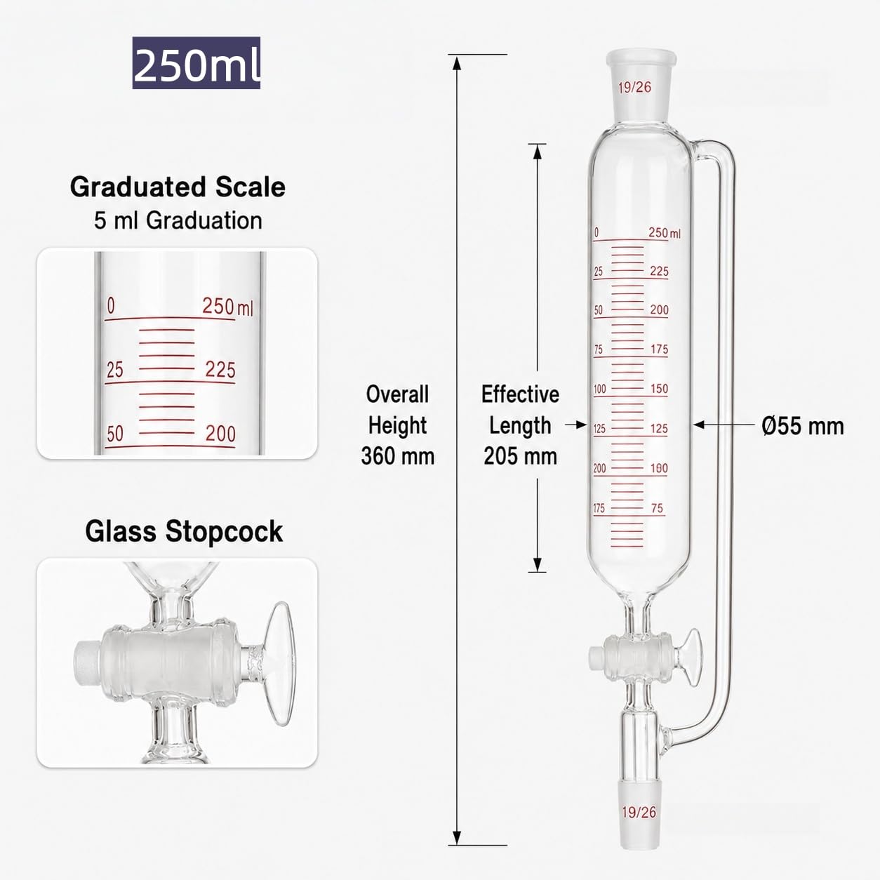 Skalowany Lejek z Wyrównaniem Ciśnienia Kranik Borokrzemowy Lab-250mL 24/29#