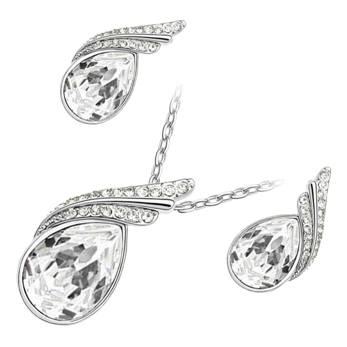 GWG JewellerySet 18K White Gold Coated Pendant Necklace and Earrings Inlay Coloured Crystal with 2 Bands Graced with White Stones Water Drop Shaped in Gift Box for Women