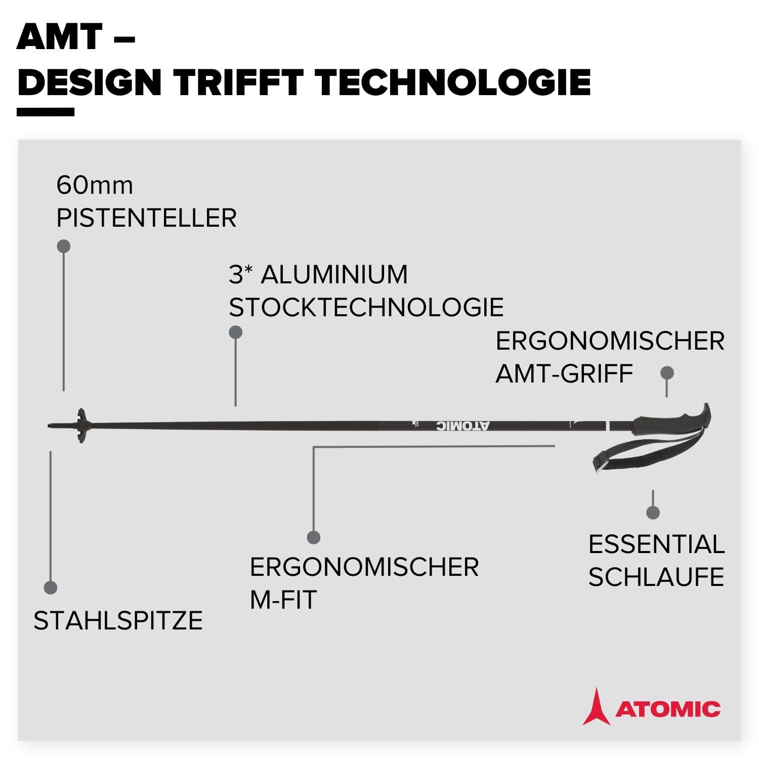 Atomic AMT Skistöcke - Hochwertiger 3* Aluminium Skistock - Ergonomischer Griff am Stock - Verstellbare Handschlaufe - Stöcke mit 60mm-Pistenteller