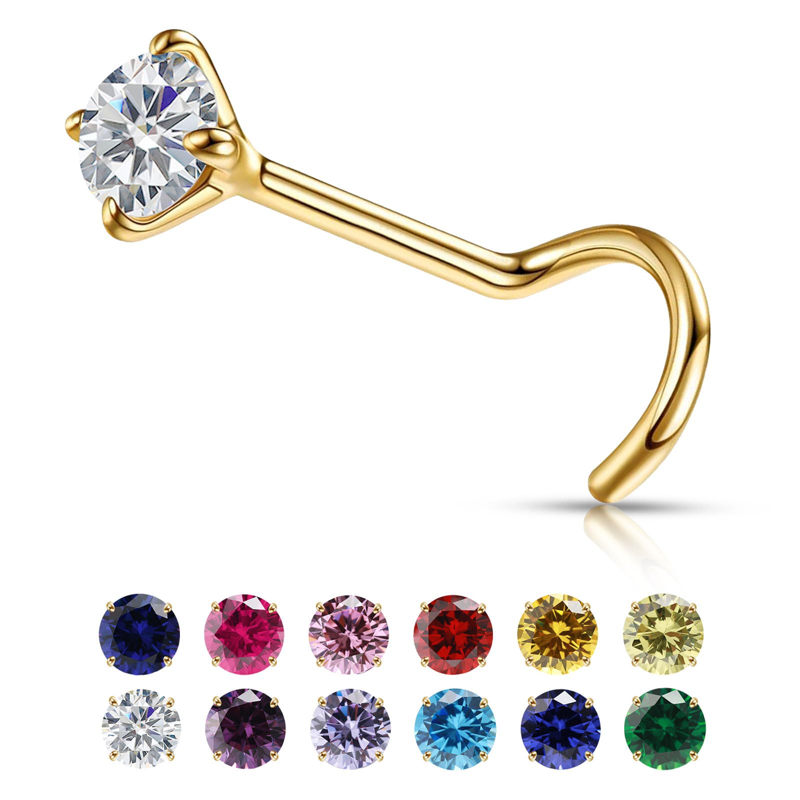 VDKIDKT Kleiner goldener Nasenstecker mit Geburtsstein für Frauen 20G, 3mm-Rundstein CZ Nasenringe und Nasenstecker, winziger goldener Nasenpiercing-Schmuck (4. April – Weißer Topas)