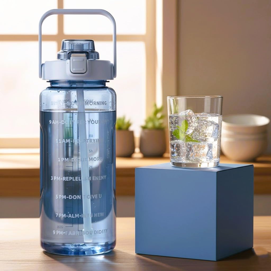 Homaizon 2 Litre Motivational Water Bottle with Straw & Time Marker | BPA-Free Leakproof Water Bottle for Office, Sports, Outdoor & Gym | Hydration Tracker Bottle with Handle & Flip Lid-Sky Blue