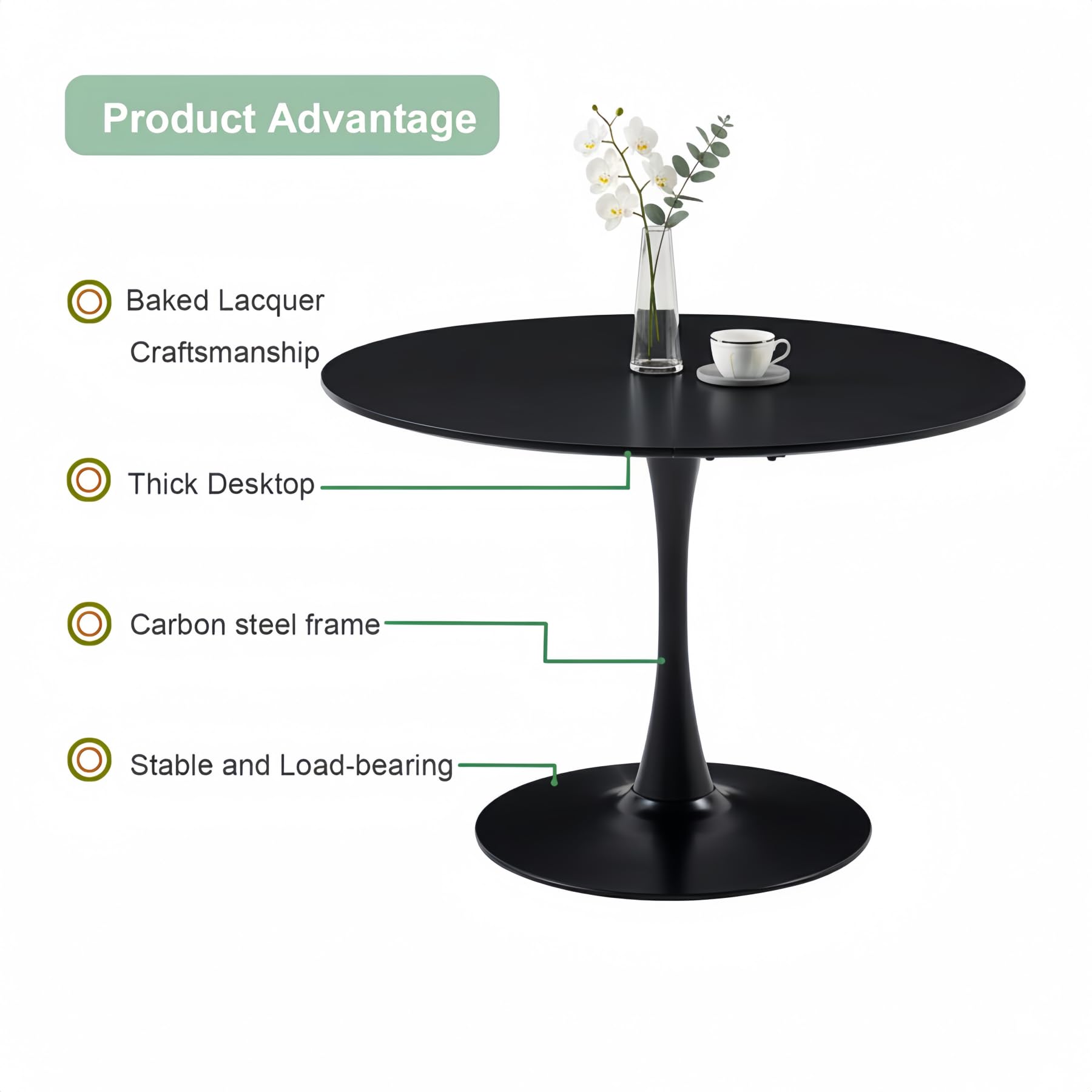 Mesa de Comedor Redonda de 110 cm, Negra, Mesa Grande para 4-6 Personas, Tablero de MDF con Patas de Hierro Resistentes, Ideal para Cocina, Sala de Estar, Comedor y cafetería
