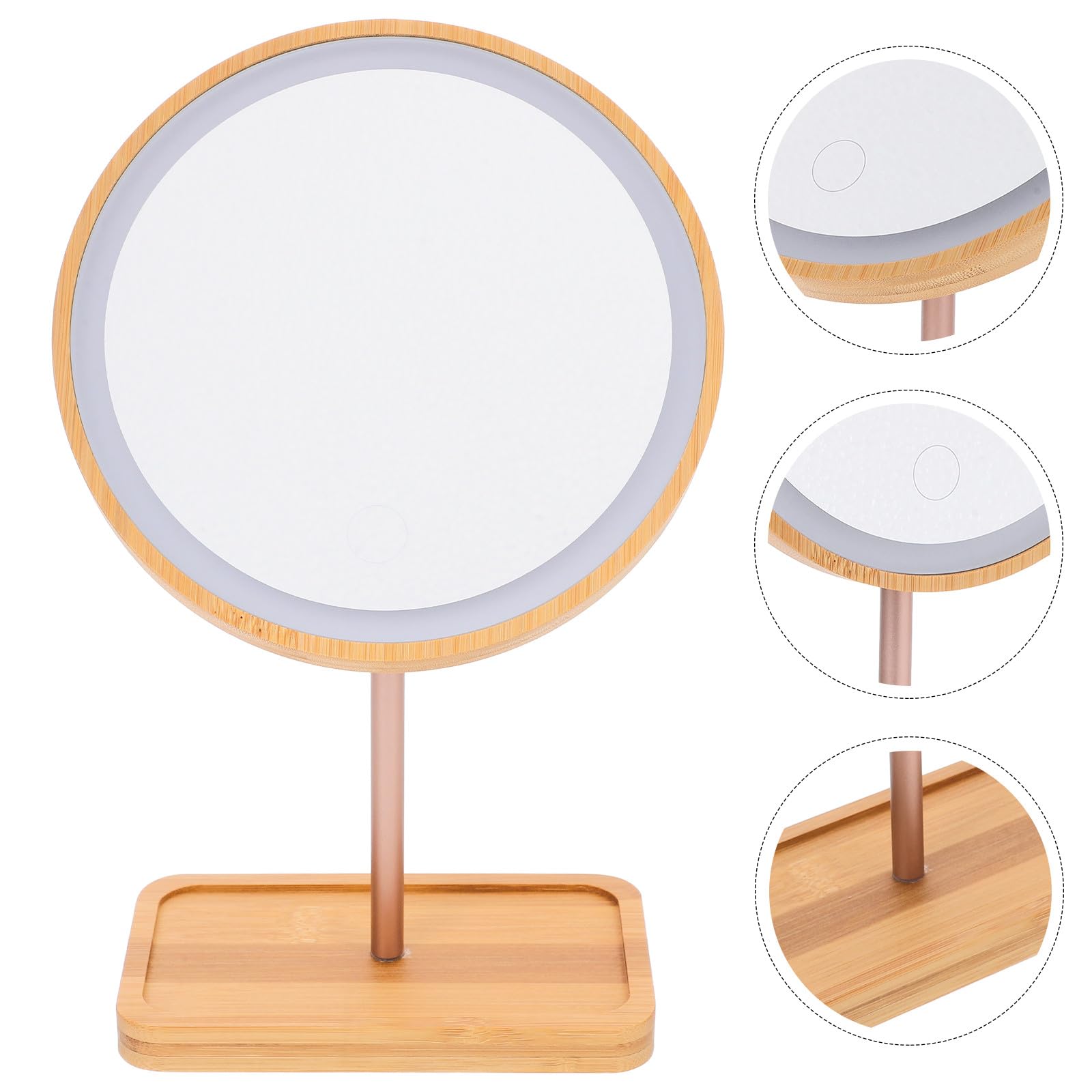 Angoily Miroir de Maquillage Rechargeable 1200ma Lumineux en Bois avec Lampe LED Intégrée et Plateau Style Moderne pour Coiffeuse et Plan de Salle de Bain