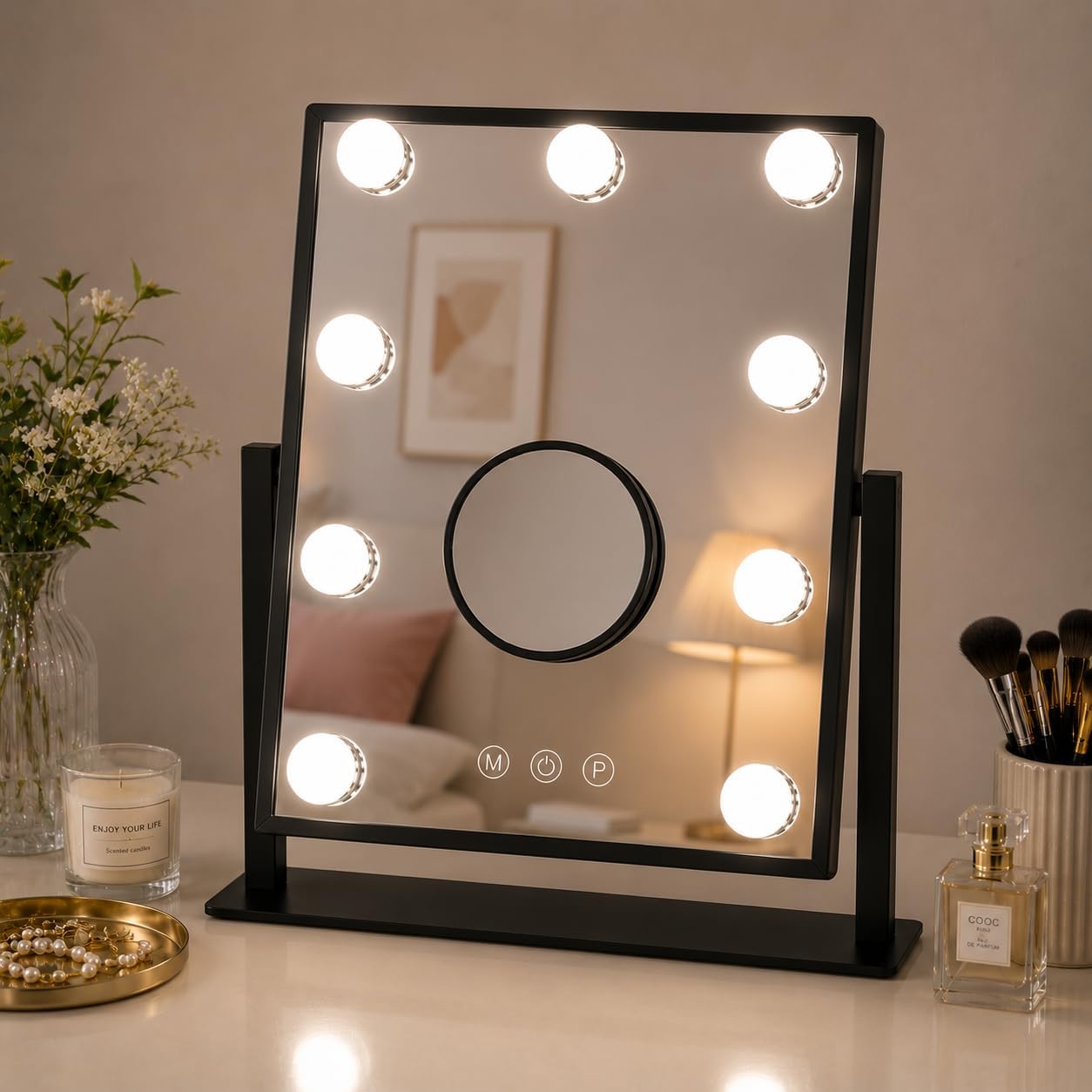 Black Hollywood LED Vanity Mirror, 3 Colour Lighting Modes with 9 Dimmable Bulbs, 360° Rotation, Touch Screen Control, Dressing Table Mirror for Bedroom and Makeup, Including Magnifying Mirror