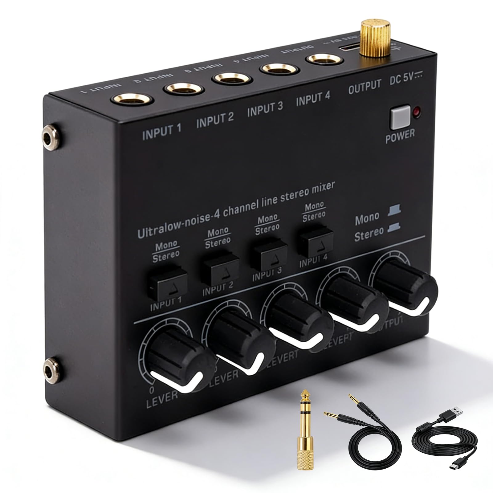 Mixer Audio a 4 Canali, Mixer Audio Stereo, Mixer Attivo Con Cavo Audio da 6,35 mm e Adattatore da 3,5 mm a 6,35 mm, Mixer Audio Stereo a 4 Canali Con 4 Ingressi e 1 Uscita per Microfoni, Chitarre