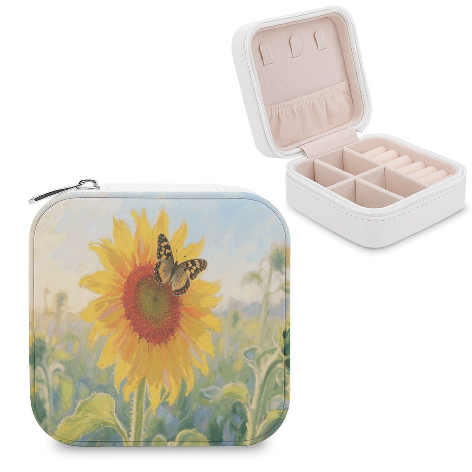 VstaDank Sunflower Butterfly Jewelry Organizer Travel Case for Women With Zipper Mini Jewelry Case PU Leather Jewelrys Box for Rings Necklaces Bracelets Earring Holder Organizer Storage