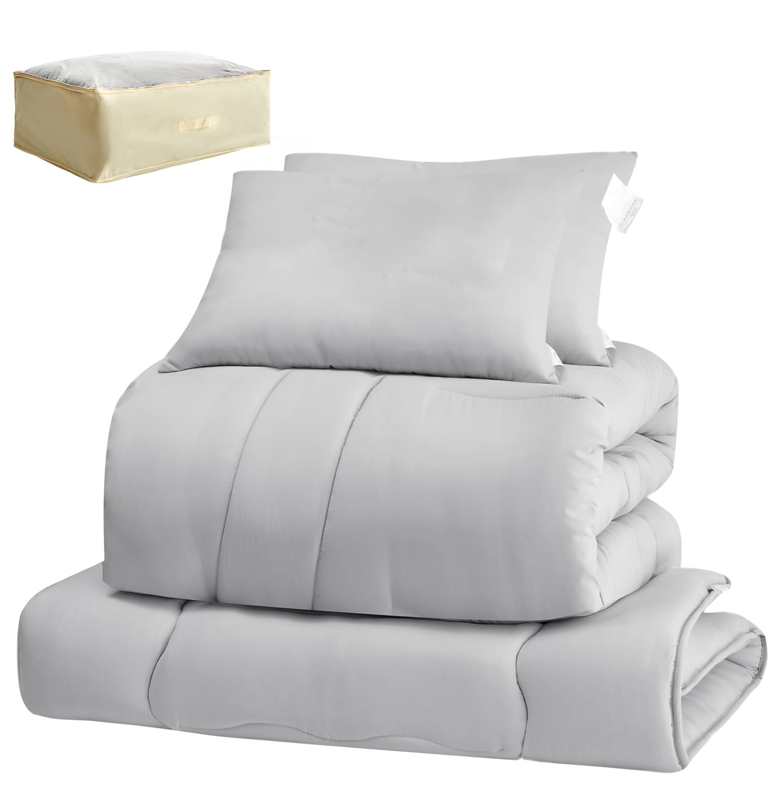 fuwawa Futon Set, Double, 5-piece Set, Antibacterial, Deodorizing, Washable, Comforter Set, Storage Case, Solid Cotton, Three-Layer Mattress, Comforter, Pillow, Soft Texture, Bedding Set, Lightweight,